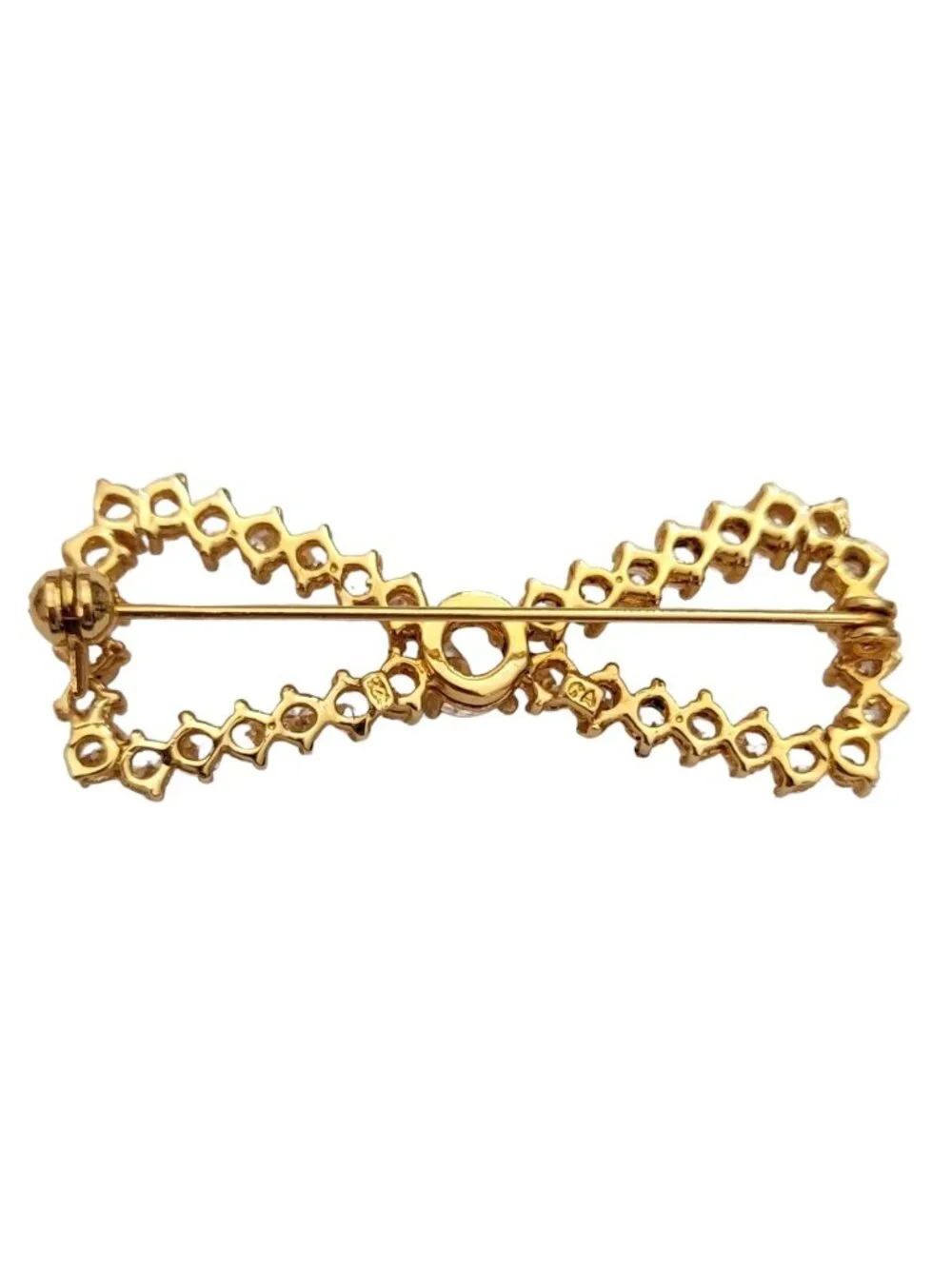 Sterling Silver Gold Vermeil Clear Crystal Rhinestone Bow Brooch Pin E244